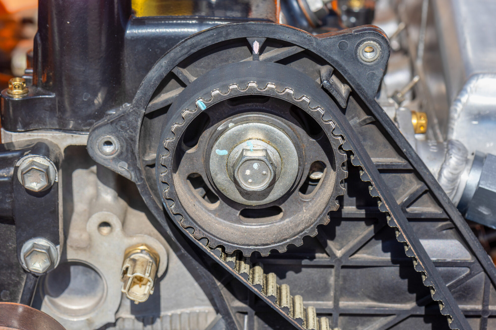 Close up Timing belt and camshaft sprocket of engine car